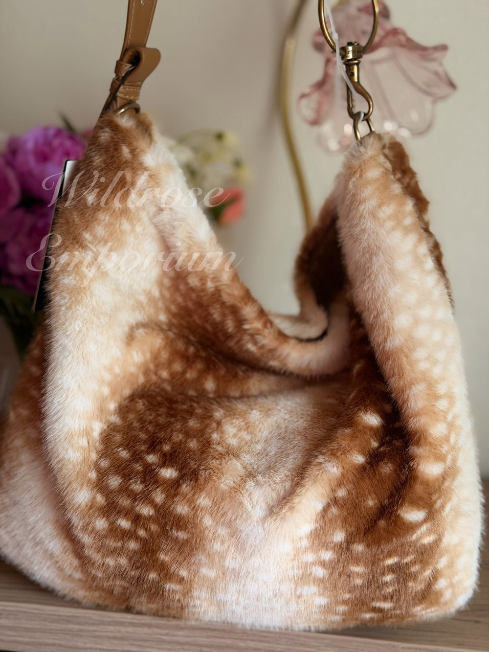 Steve Madden deer fawn Faux Fur slouchy hobo Shoulder Bag Light Brown Cream